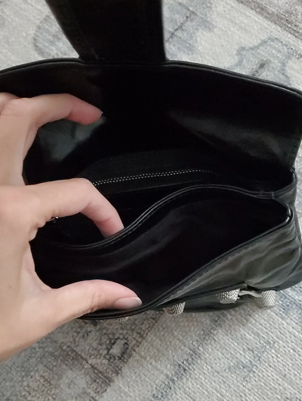 Balenciaga Shiny Black Leather and Silver Pouch Flap Clutch Bag With Mirror